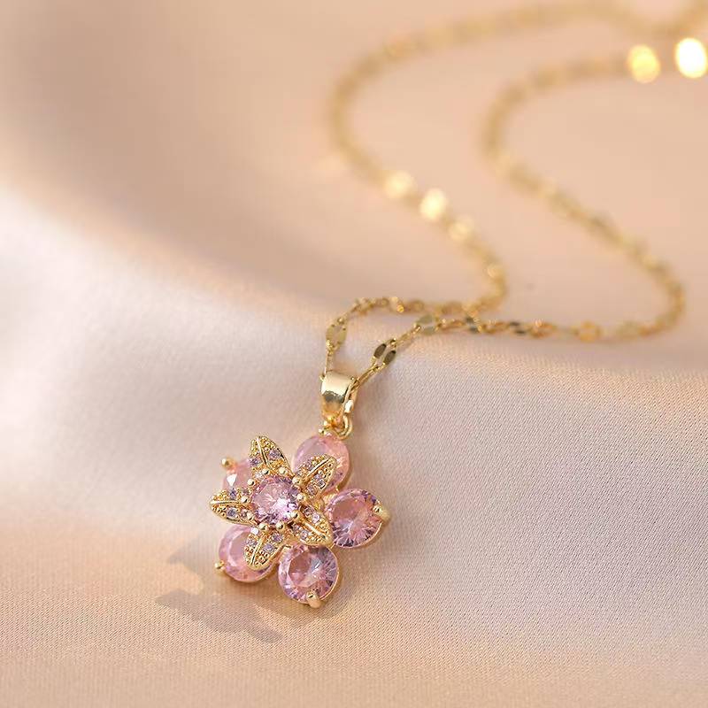 Pink Zircon Flower Pendant Necklace – Gold-Plated Rapunzel-Inspired Jewelry