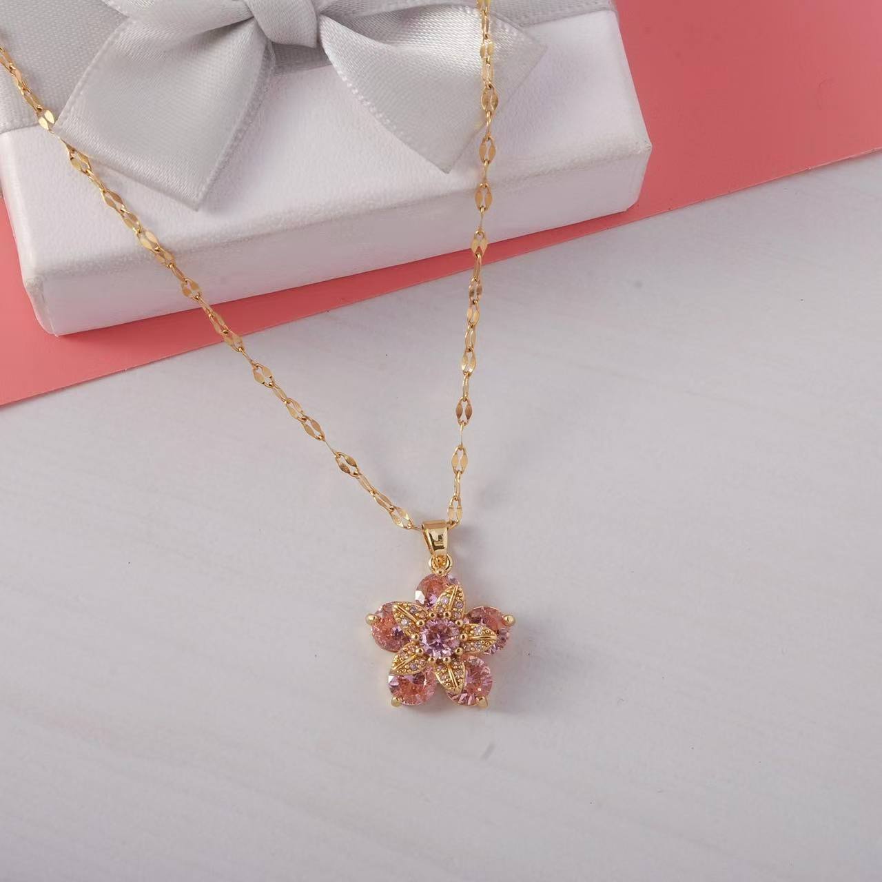 Pink Zircon Flower Pendant Necklace – Gold-Plated Rapunzel-Inspired Jewelry
