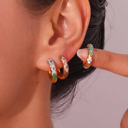 Pink Enamel Gold Hoop Earrings