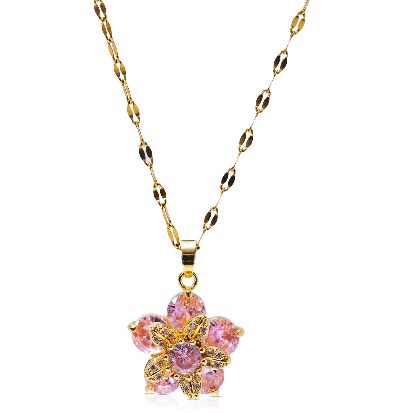 Pink Zircon Flower Pendant Necklace – Gold-Plated Rapunzel-Inspired Jewelry