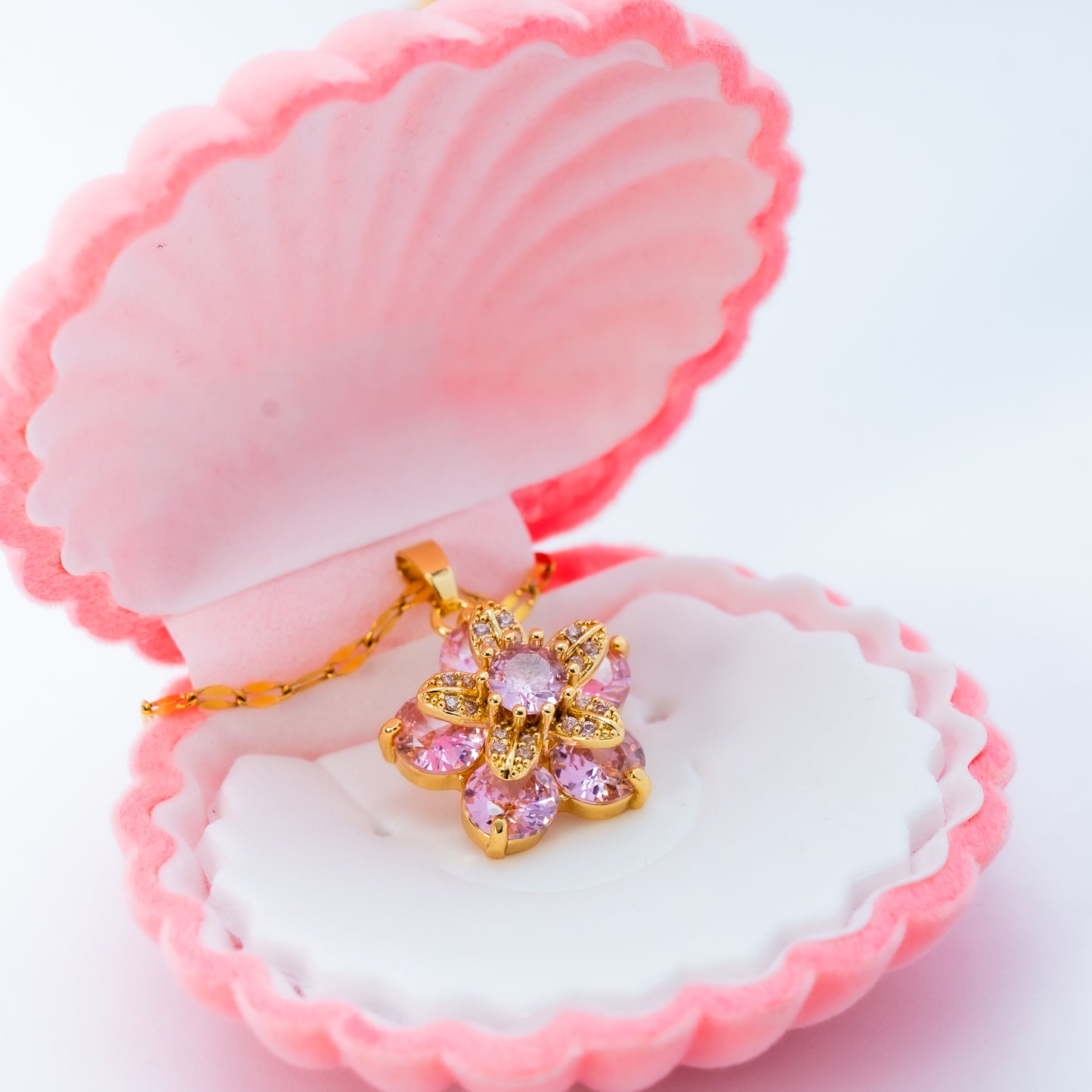 Pink Zircon Flower Pendant Necklace – Gold-Plated Rapunzel-Inspired Jewelry