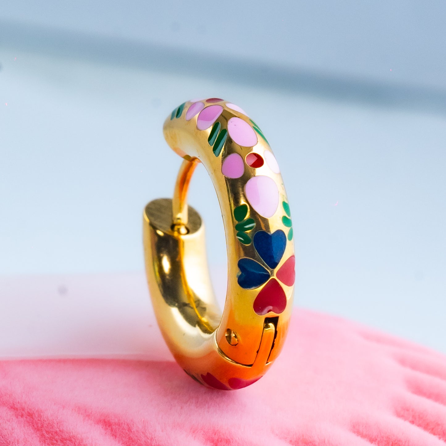 Pink Enamel Gold Hoop Earrings