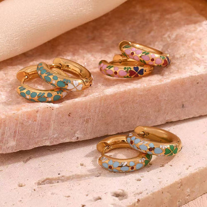 Pink Enamel Gold Hoop Earrings