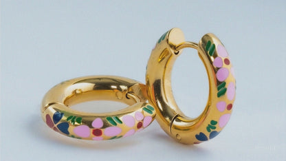 Pink Enamel Gold Hoop Earrings